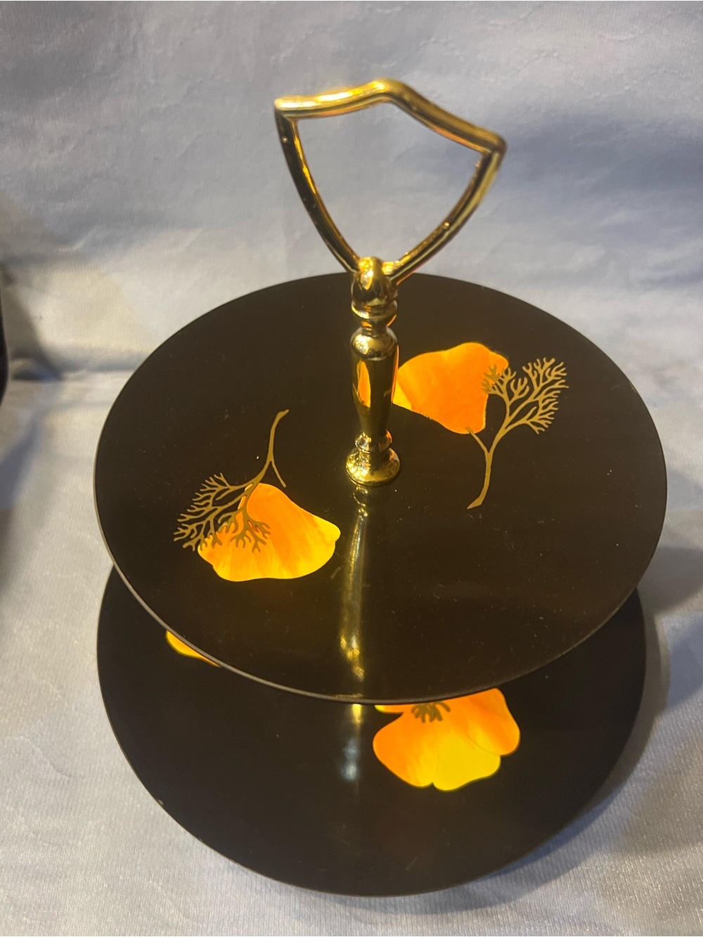 Vintage CourocTwo-Tier Black and Gold Floral Serving Stand